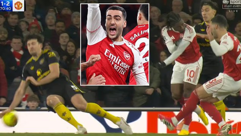 Arsenal players and fans were furious as Maguire&rsquo;s handball was not given as a penalty